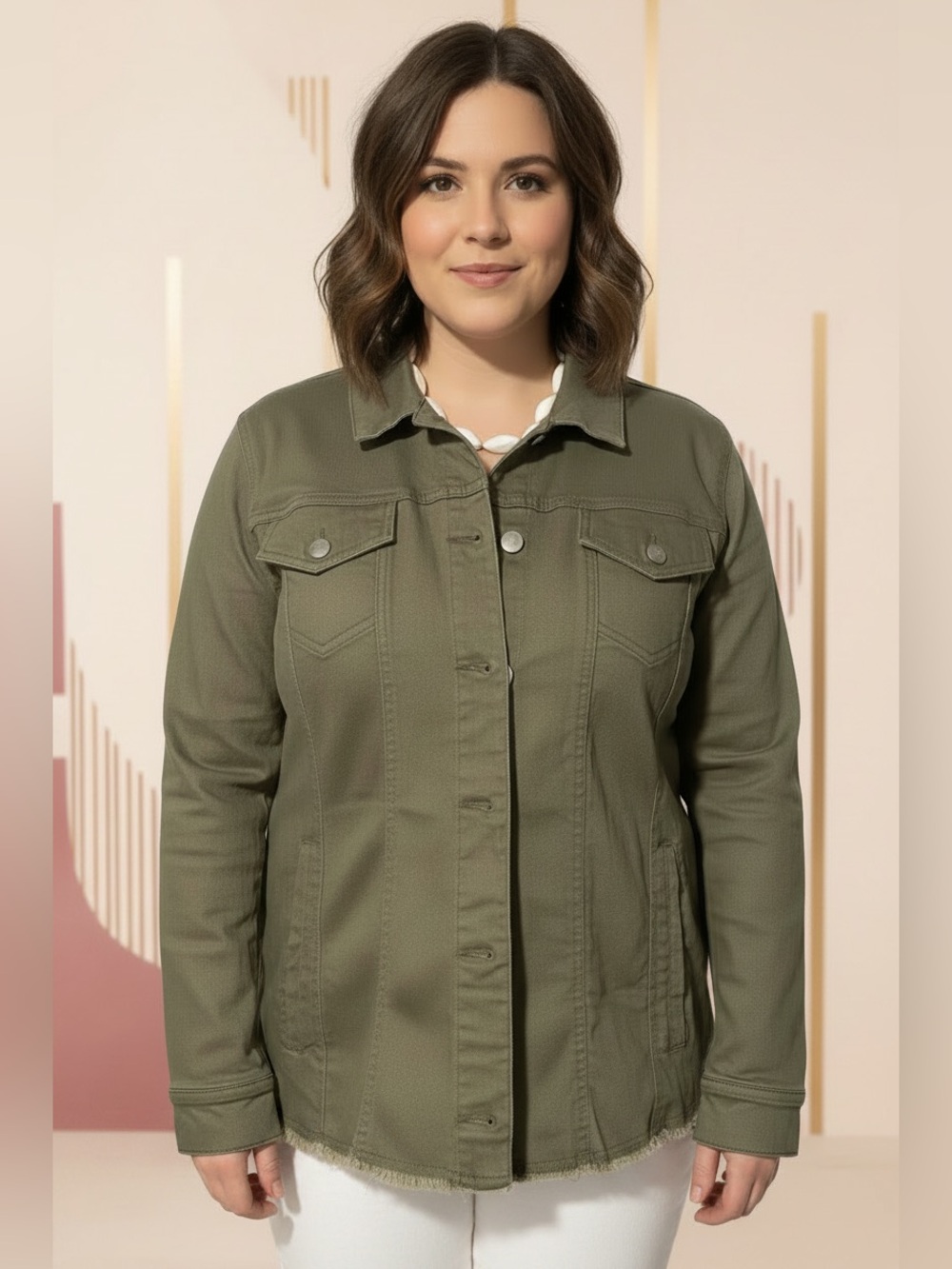 Baccini Olive Green Frayed Hem Denim Jacket – 2XL